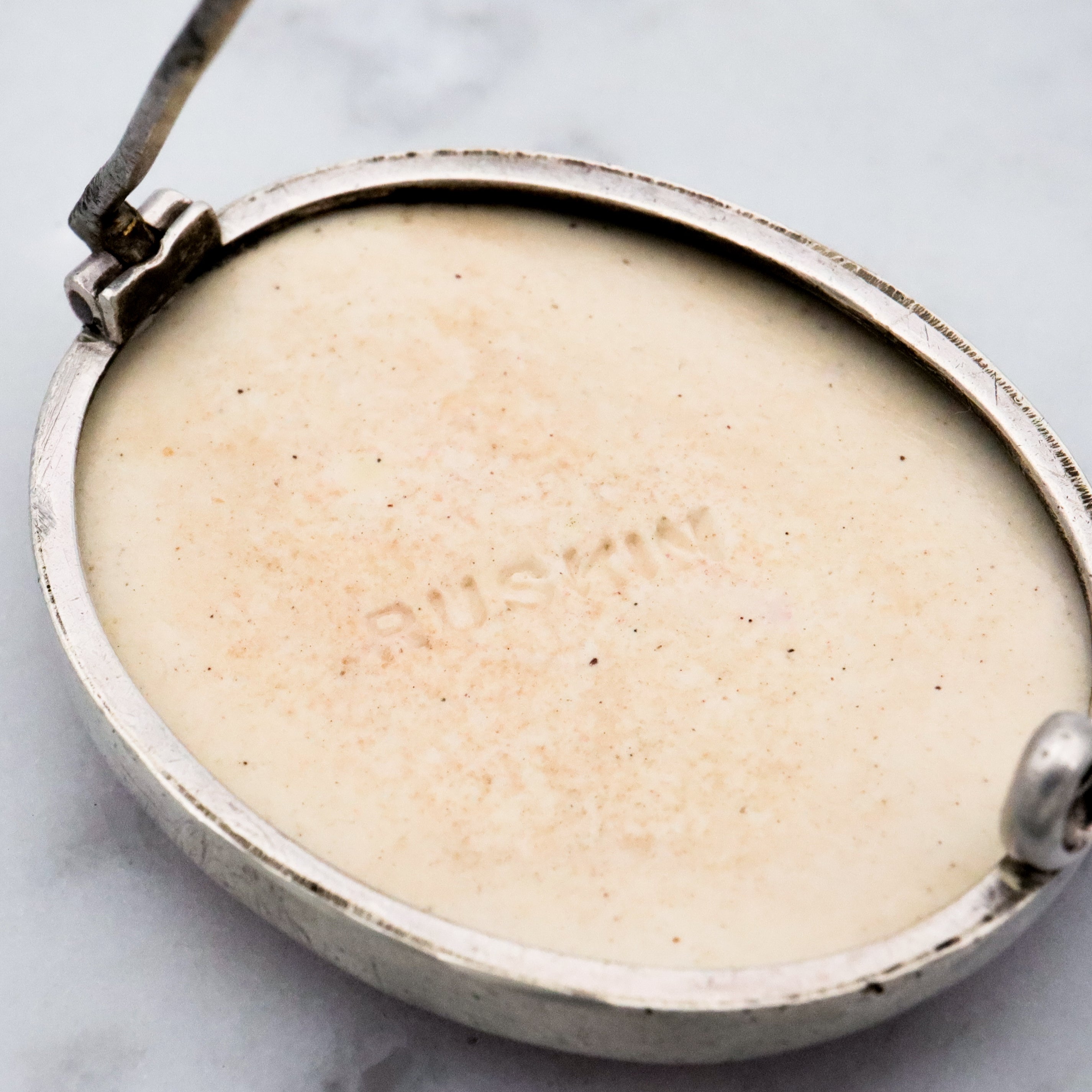 Antique Arts & Crafts rose red glazed pottery sterling brooch